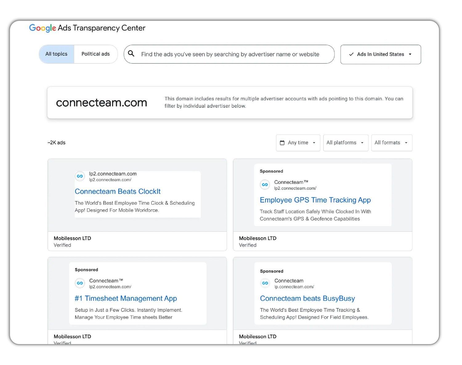 Google Ads Transparency Center showing a competitor search with multiple ads
