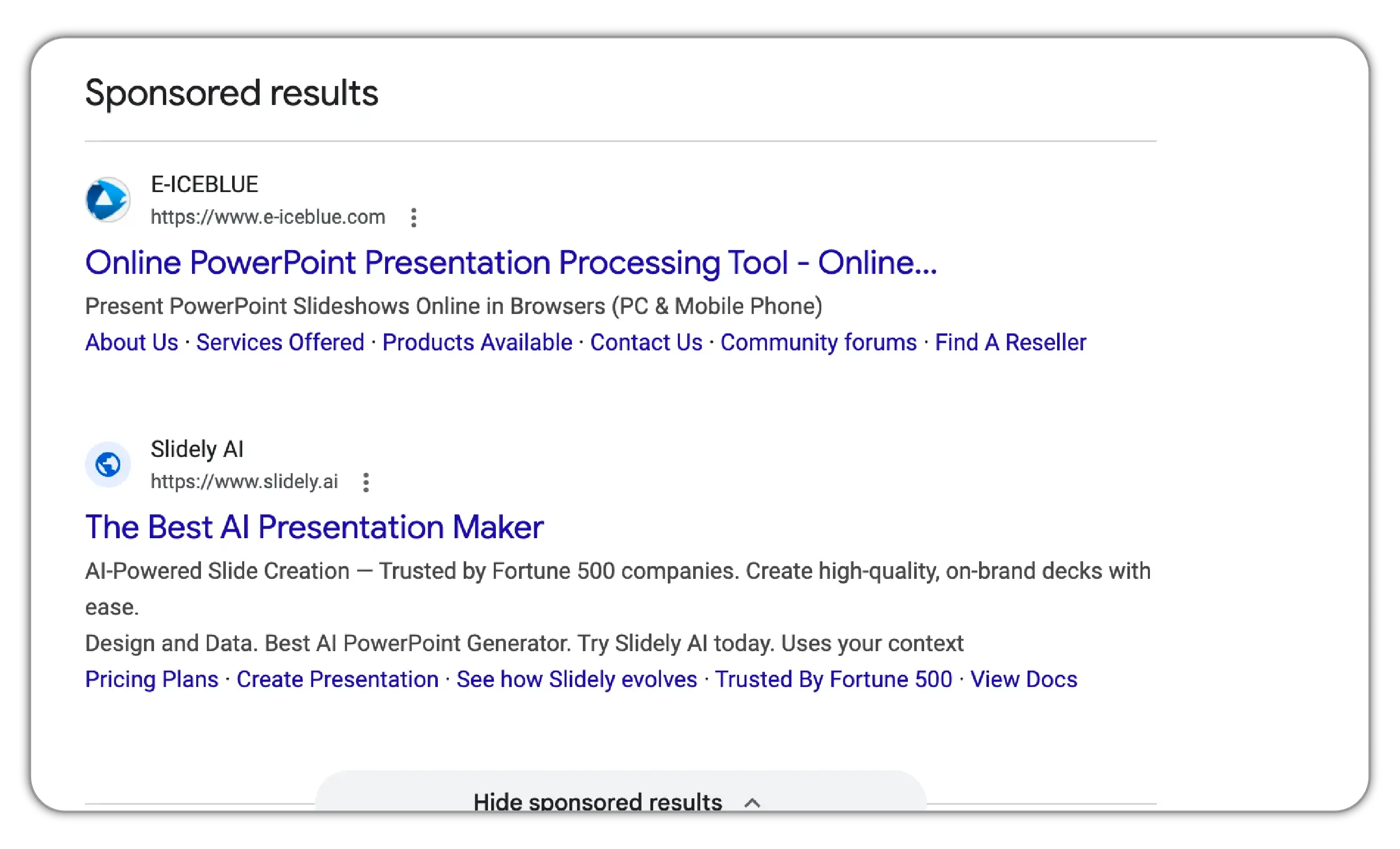Google search results for "presentation software" with competitor ads