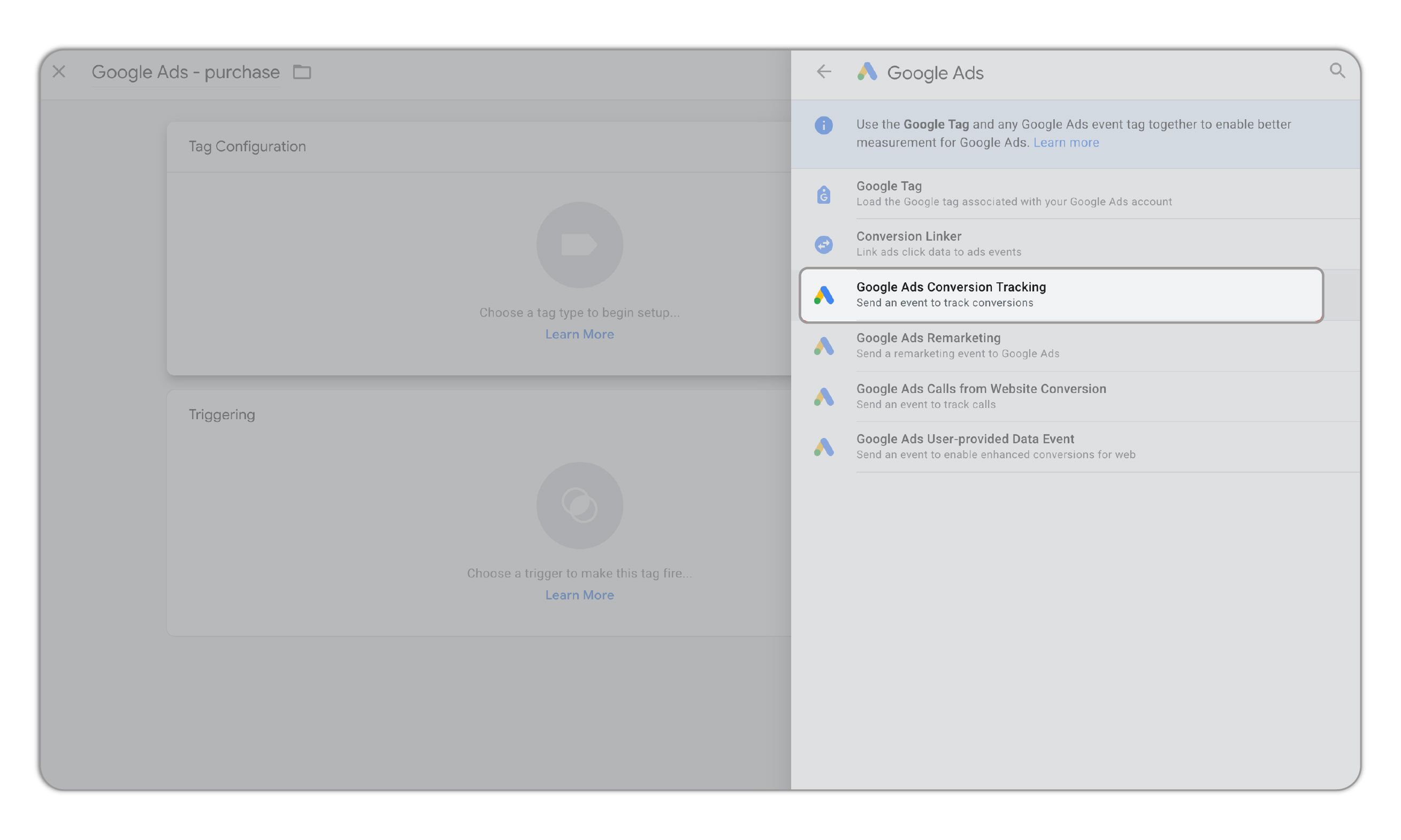 With the Google tag in place, create a second tag for the conversion itself.