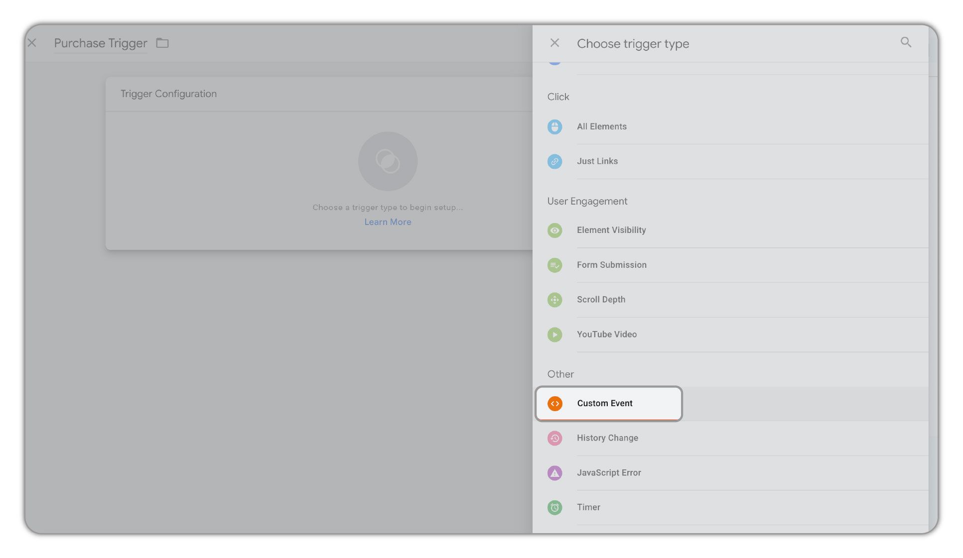 Choose trigger type, under others, custom events 